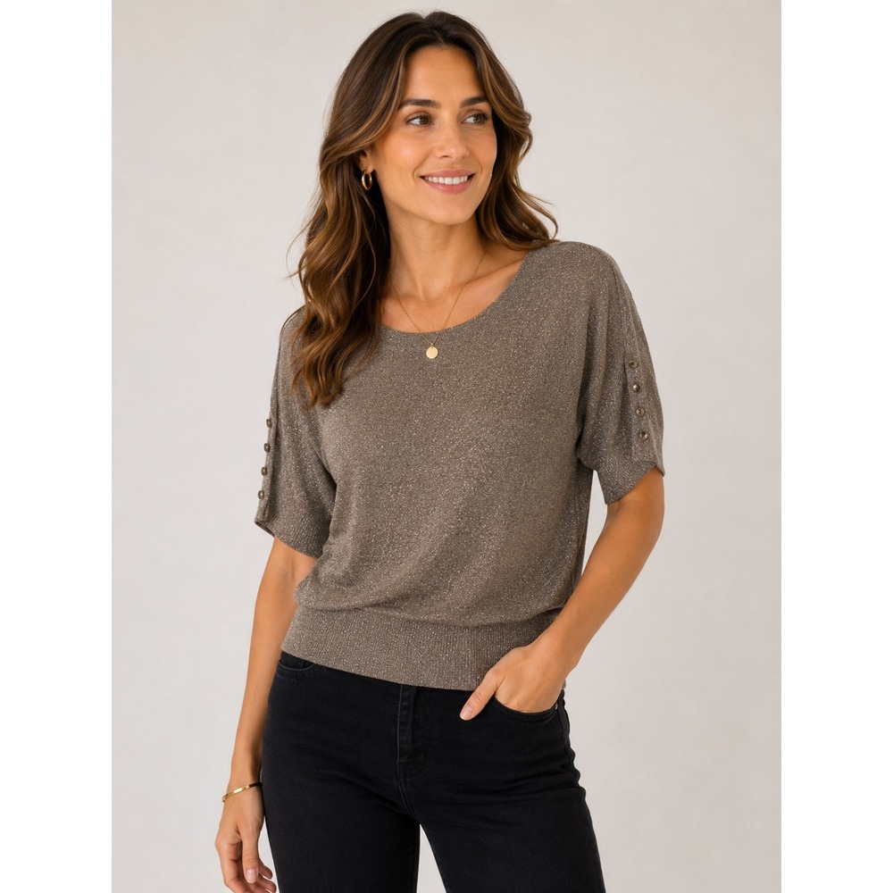 Ann Taylor LOFT Womens Metallic Shimmer Knit Short Sleeve Button Top Taupe M